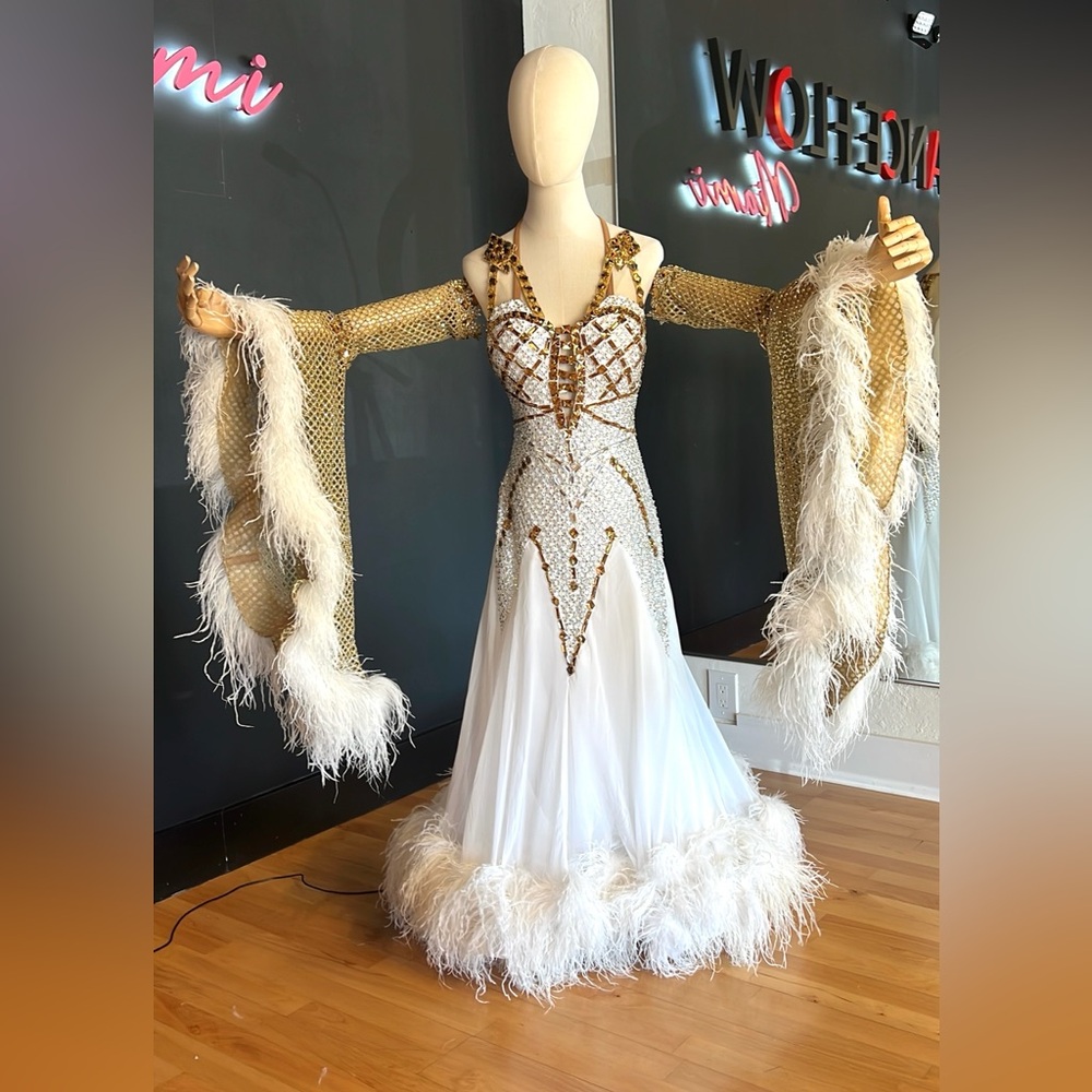 White & Gold Standard Ballroom Competition Dress with Swarovski & Feathers